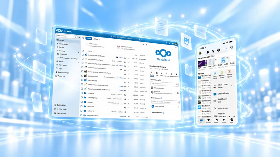 Nextcloud のファイルの画面が PC とスマホに浮かび、その周りを書類の光が巡っている絵