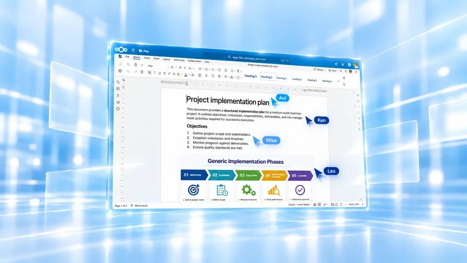 Nextcloud のオフィスの文書の上で、名前の付いた何人分ものカーソルが同時に書いている絵