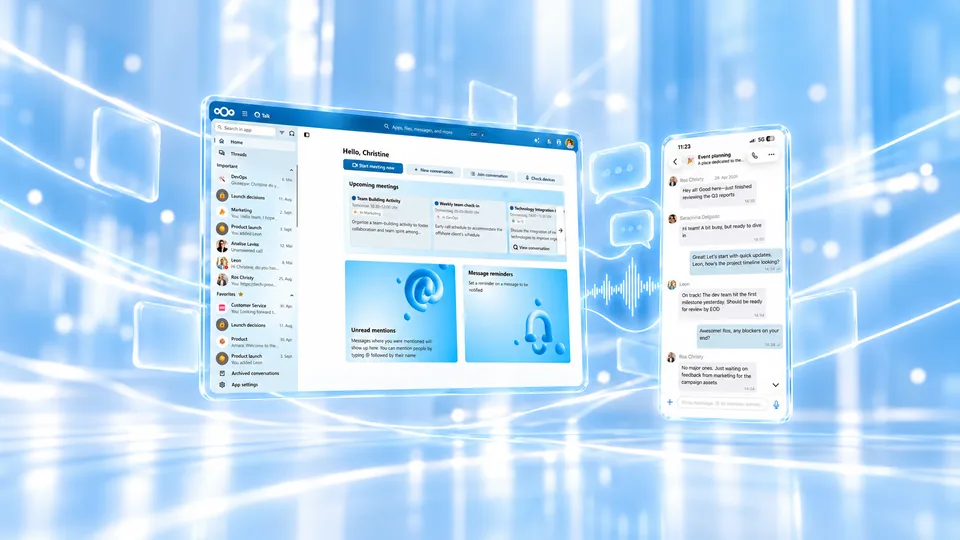 PC とスマホの Nextcloud Talk の画面が並んで浮かび、その間を吹き出しと声の波が行き来している絵