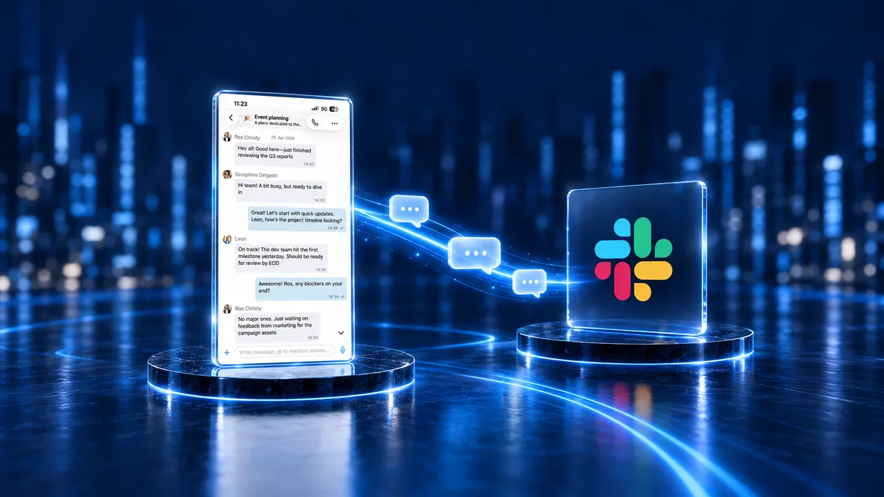 スマホの Nextcloud Talk の画面と Slack のマークの間を、吹き出しが光の道に乗って行き来している絵