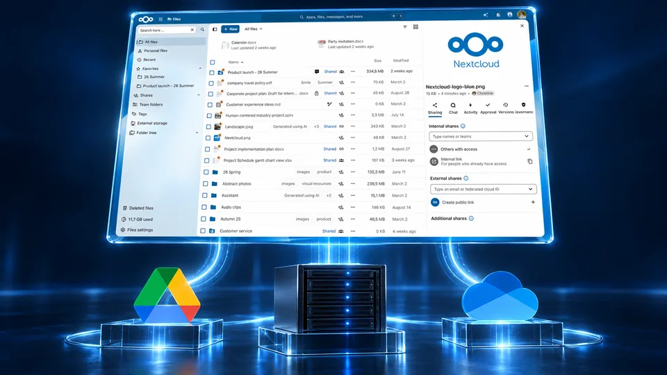 Google ドライブと OneDrive、ファイルサーバーはそのまま置かれ、その上に Nextcloud のファイルの画面が光でつながって浮かんでいる絵