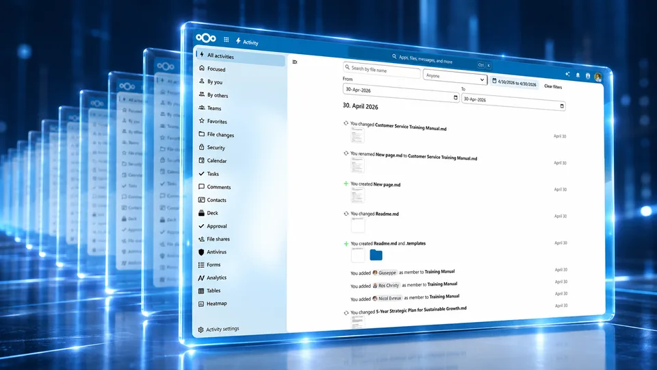 Nextcloud の活動の記録の画面の後ろへ、記録が時間の順に光の層として積み重なっている絵