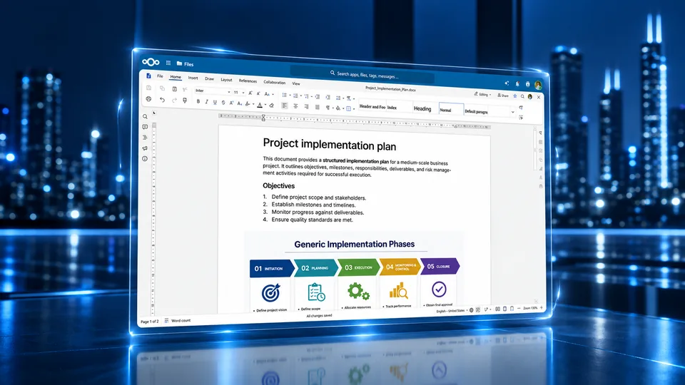 夜の街を背に、Nextcloud のオフィスの文書の画面が、何にも遮られずに開かれている絵