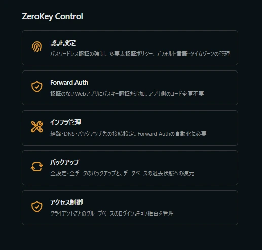 Zero Key の管理の画面の入口。認証設定・Forward Auth・インフラ管理・バックアップ・アクセス制御